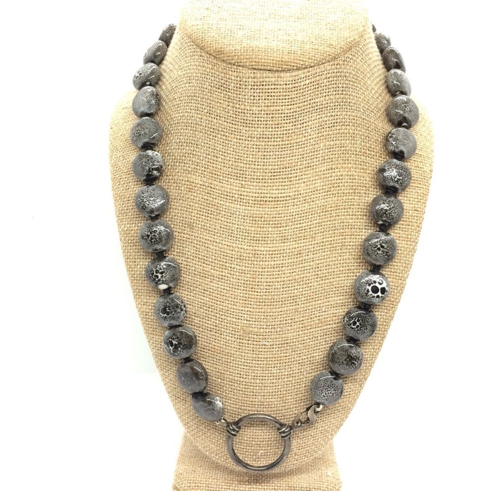 Ceramic Bead Necklace Knotted Pottery Beads Sterling Silver Clasp